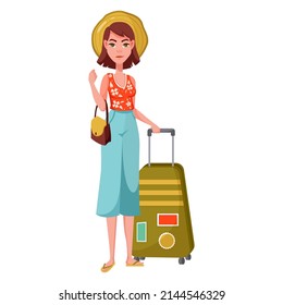 Cartoon girl in a straw hat with a suitcase and handbag. A tourist goes on a journey. A person goes on vacation. Vector illustration isolated on a white background.