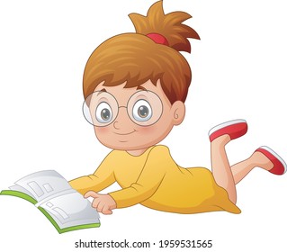 Cartoon girl student laying down and reading a book