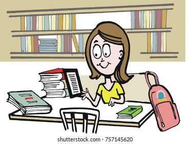 Cartoon of girl student using e-reader in library. She is sitting at a table with piles of reference books, but is using e-reader technology to study. 