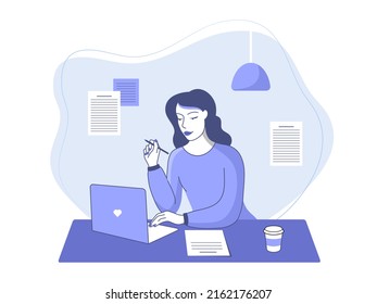 Cartoon girl studying at home. Online education and learning