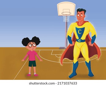 Cartoon girl and superhero vector design, with blue background