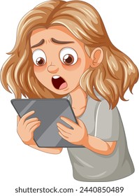 Cartoon of a girl surprised while using a tablet