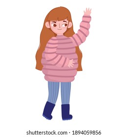 cartoon girl with sweater warm clothes season winter time vector illustration