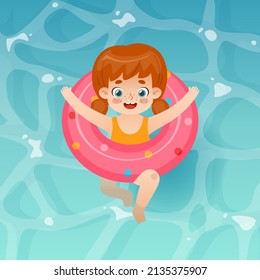 Cartoon girl swimming in the pool with inflatable ring. Happy little child laying on the water with swim ring.