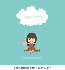 Cartoon girl swinging and girl with birthday cupcake on a cloud, drawing by hand vector