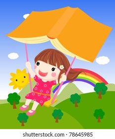 Cartoon girl swinging and book