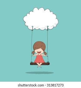 Cartoon girl swinging on a cloud, hand drawn vector