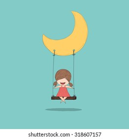 Cartoon girl swinging on a moon, drawing by hand vector