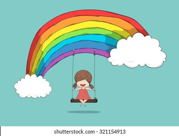 Cartoon girl swinging on a rainbow, drawing by hand vector