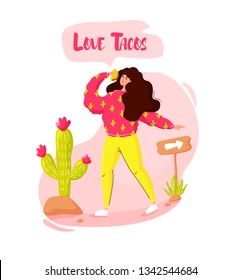 Cartoon girl with taco and arrow points to the fast food cafe. Vector mexican banner in flat linear style.