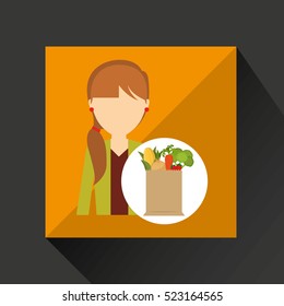 cartoon girl tail hair grocery bag vegetables vector illustration eps 10