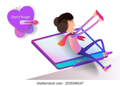 Cartoon girl takes a selfie on the office computer screen. Vector banner