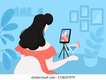 Cartoon girl talking with boyfriend, long distance relationship. Online Dating app. Virtual love video chat call vector illustration