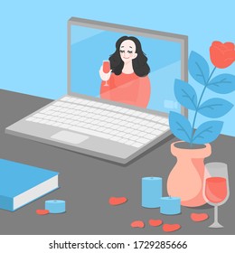 Cartoon girl talking with partner. Romantic dinner with champagne and candles vector illustaration. Long distance relationship. Online Dating app. Virtual love video call