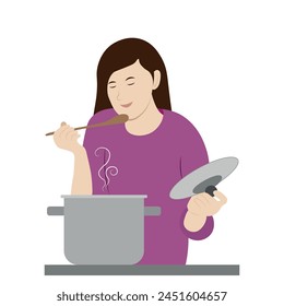A cartoon girl tastes the soup she is preparing, isolate on white, cooking