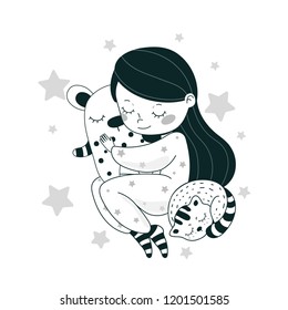 Cartoon girl with a teddy bear. Good night. Bed time. Sweet dreams. Sleeping girl. Vector illustration. Picture for postcard, t-shirt, poster.