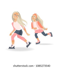 Cartoon girl teen kid, child and adult woman roller skating in protective equipment, helmet. Active lifestyle female character, having fun doing sport. Isolated illustration vector white background.