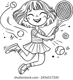 Jugadora de tenis de dibujos animados. Educación física infantil, actividades deportivas infantiles, Ilustración vectorial esquemática aislada