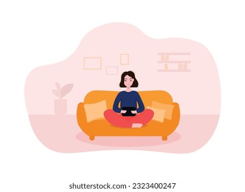 Cartoon girl texting on tablet sitting in lotus position on couch at home. Modern urban lifestyle. Contemporary digital environment. Vector illustration