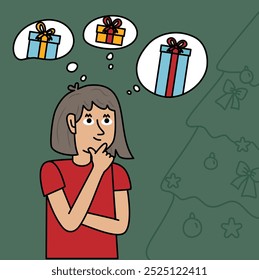 Cartoon of a girl thinking about what gift she wants for Christmas