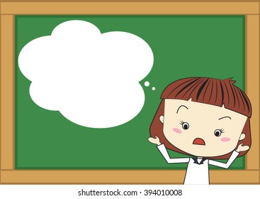 cartoon of a girl thinking or analysis problem with bubble on the blackboard