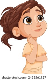 Cartoon girl thinking with a hand on her chin