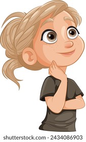 Cartoon girl thinking with a hand on her chin.