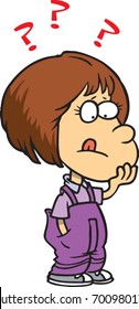 cartoon girl thinking with question marks above her head