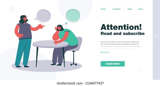 Cartoon girl thinking while talking to friend or colleague. Bored woman sitting at table, boring conversation flat vector illustration. Communication, friendship concept for banner or landing web page