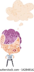 cartoon girl with thought bubble in grunge distressed retro textured style