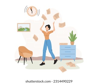 Cartoon girl throws work papers into air. Process of managing and planning schedule. Deadline time management strategy. Vector illustration on white background