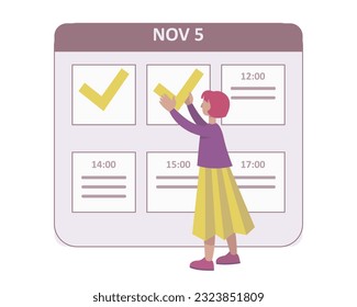 Cartoon girl ticks boxes with completed tasks for working day. Business management concept. People managing schedule and work time. Vector flat style illustration