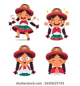 Menina de desenhos animados com roupas tradicionais peruanas que expressam diferentes emoções: alegria, surpresa, gratidão e emoção.