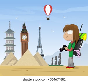 Cartoon girl travels the world and take photo of world's famous sights such as Big ben, Pyramid, Eiffel Tower, Asian pagoda. Vector cartoon illustration