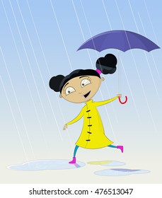 Cartoon girl with umbrella under rain. Vector illustration