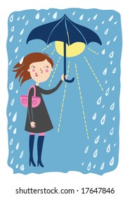 Cartoon Girl under rain in vector