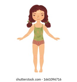 Niña de caricatura en la ilustración de la ropa interior vectorial. Personajes felices, niños, muñecas. Ropa, trajes de baño, concepto de plantillas de cuerpo