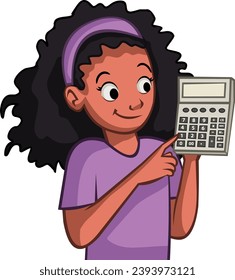 Cartoon girl using a calculator. Teenagers solving a math problem.