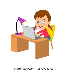 niña caricaturista que usa computadora, ilustración, vector