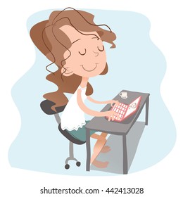 cartoon girl using computer laptop surfing the internet.