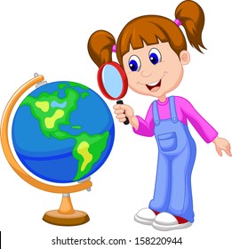 Cartoon girl using magnifying glass looking at globe