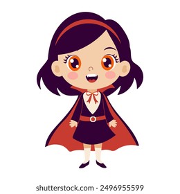 A cartoon girl in a vampire costume is smiling and holding a cape. She looks happy and playful