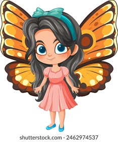 Cartoon girl with vibrant butterfly wings