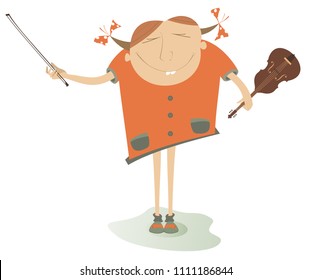 Cartoon girl a violinist isolated illustration. Smiling young woman with a violin and fiddlestick isolated on white vector 
