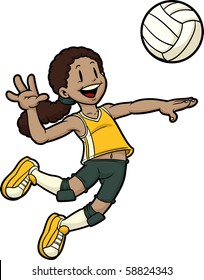 Cartoon girl volleyball player jumping. Character and ball on separate layers for easy editing.
