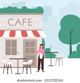 Cartoon girl waiter stand at door street summer cafe. Restaurant or bar exterior, tables and chairs. Food, eating place in park, vector outdoor scene