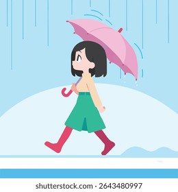 Cartoon Girl Walking in Rain with Pink Umbrella Illustration