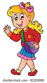 Niña de caricatura caminando a la escuela - ilustración vectorial.