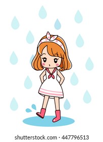 Cartoon girl walks in the rain 
