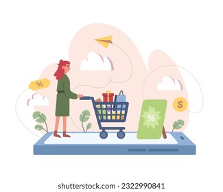 Cartoon girl walks with shopping cart full of cell phone. Electronic commerce benefits. Process of making purchases online. Shopping online on website. Vector illustration